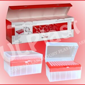 81210 Końcówki OMNITIP® OM-10-RB-C do pipet, poj. 0,5-10 µl, dł. 38 mm, bezbarwne, w pojemnikach typu rack, nie sterylne, bez filtra.