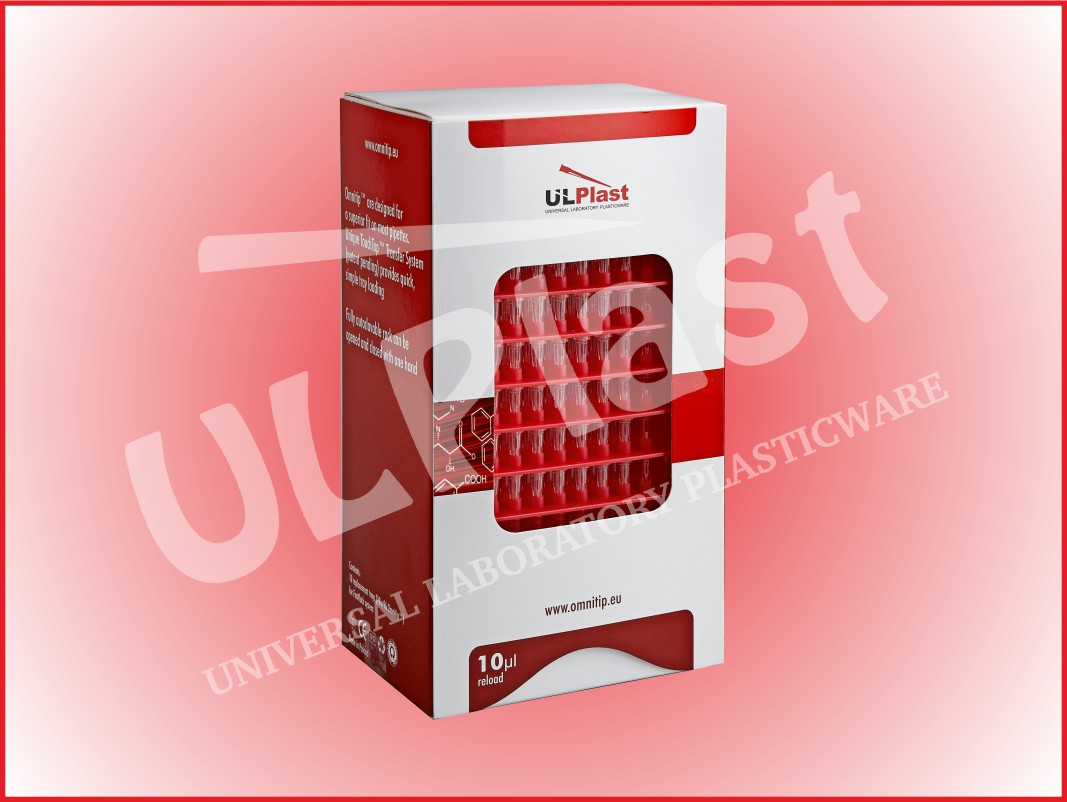 81710 Końcówki OMNITIP® OM-10-RF-C do pipet, poj. 0,5-10 µl, dł. 38 mm, bezbarwne, stos Reload.