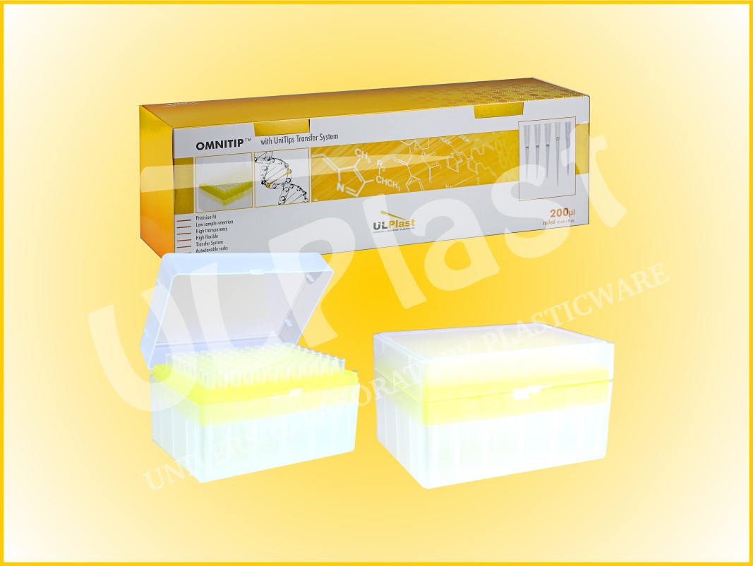 82240 Końcówki OMNITIP® OM-100-S-F-RB-C do pipet, poj. 1-100 µl, dł. 49,5 mm, bezbarwne, w pojemnikach typu rack, sterylne, z filtrem.