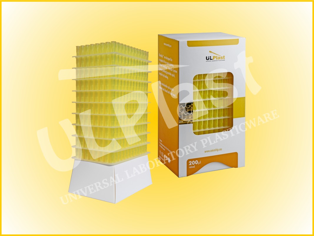 83710 Końcówki OMNITIP® OM-200-RF-Y do pipet, poj. 1-200 µl, dł. 49,5 mm, żółte, stos Reload.