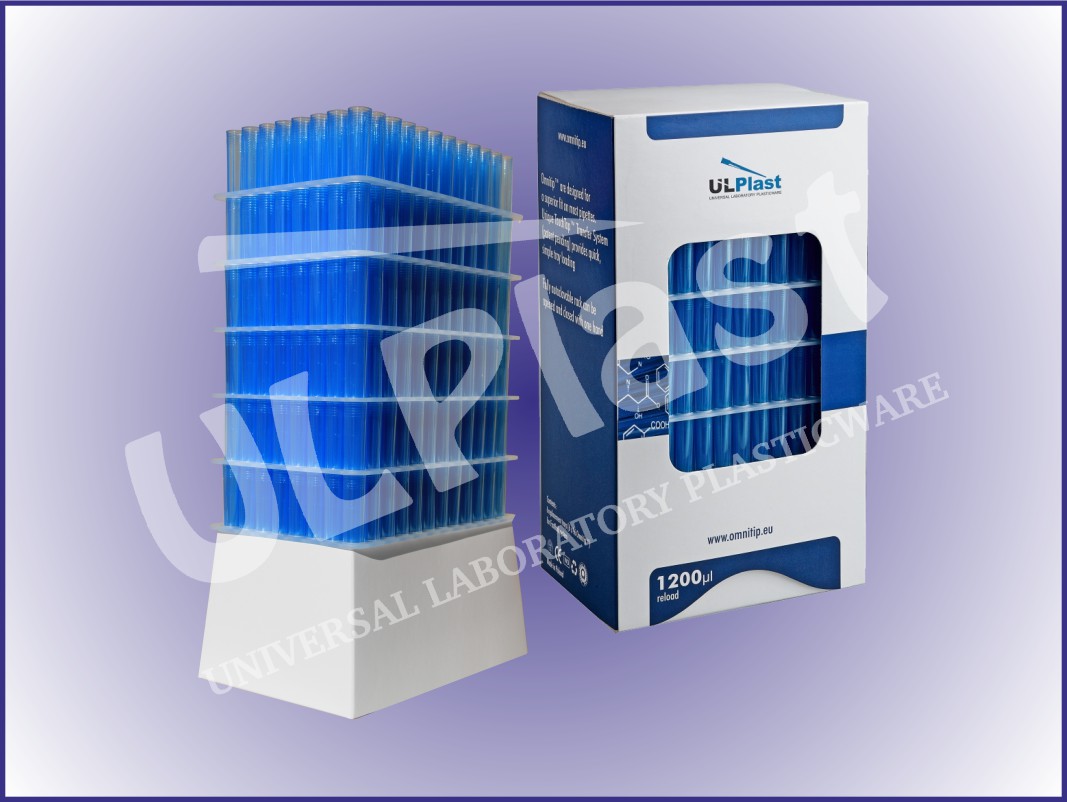 85710 Końcówki OMNITIP® OM-1000-RF-B do pipet, poj. 100-1000 µl, dł. 83 mm, niebieskie, stos Reload.